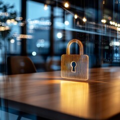 Leinwandbilder - Contemporary Industrial Security Aesthetic Illuminated Padlock Display on Modern Wood Desk - Office Protection Solutions for Secure Business Environments and Remote Workspaces
