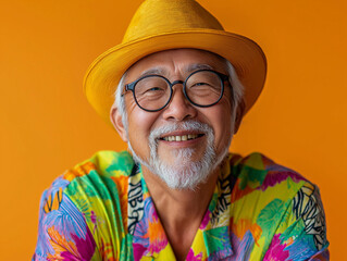 Wall Mural - studio portrait of happy senior retired Asian man wearing colourful clothes, isolated on orange background