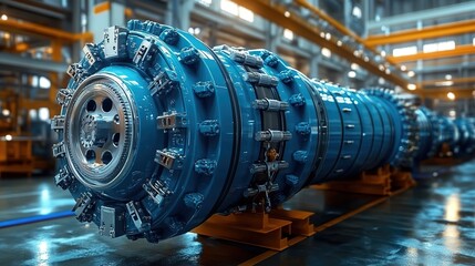 Blue water, engine gear, oil cylinder, inside a factory hall with a blurred background