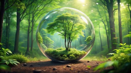 Wall Mural - A serene green forest inside a glass globe with towering trees and lush foliage