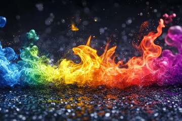 Poster - Vibrant flames in rainbow colors dance against a dark backdrop creating a mesmerizing display of light and movement