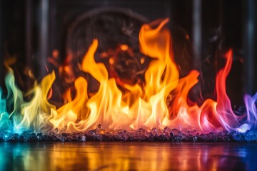 Aufkleber - Colorful flames dancing dramatically over sparkling crystals during a surreal evening setting
