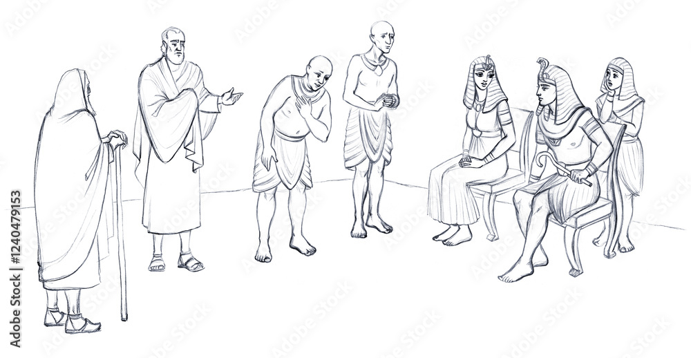 Moses and Aaron before Pharaoh. Pencil drawing Stock Illustration