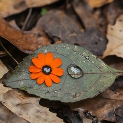 Canvas Print - Vibrant Orange Flower on Autumn Leaf with Dewdrop