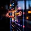 © Ryzhkov - Futuristic Interactive Dashboard Hand-Touch on Glass Screen with Data Visualization and Analytics - Revolutionizing Business Intelligence for Tech-Savvy Enterprises
