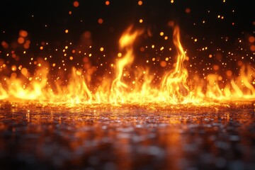 Poster - Flames dance and flicker across a wet surface at night, creating a dramatic and intense atmosphere