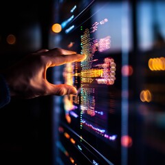 Poster - Futuristic Interactive Dashboard Hand-Touch on Glass Screen with Data Visualization and Analytics - Revolutionizing Business Intelligence for Tech-Savvy Enterprises