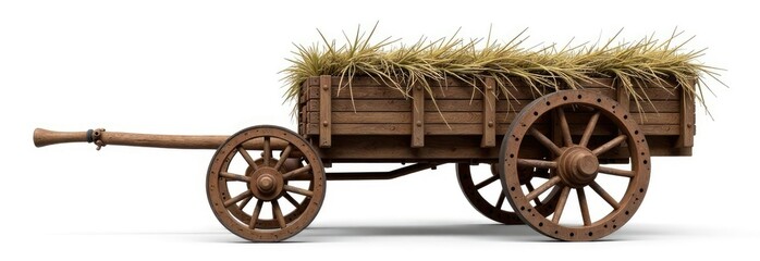 Wall Mural - Rustic wooden cart with woven straw or grass wrapping isolated on a white background, textiles, antique