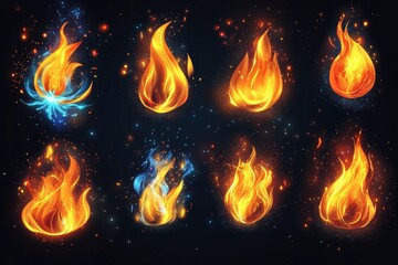 Poster - Colorful flames in various shapes and colors glowing against a dark background