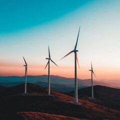 Poster - Serene Wind Turbine Dusk Landscape Silhouetted Renewable Energy on Mountain Ridge - Sustainable Media Content and Wind Power Marketing for Green Innovation