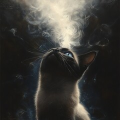 Poster - Artistic portrayal of a Siamese cat releasing smoke with meow faintly visible in the curls set against a shadowy backdrop showcasing sharp details and dramatic lighting on its fur