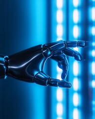 Fototapete - Cybernetic Innovation Showcase Sleek Metallic Robotic Hand with Blue LED Backdrop - Advanced Tech Collaboration and Smart Industry Design Integration