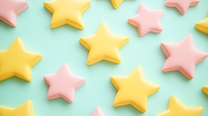 Wall Mural - Colorful Star Shapes in Pink and Yellow on a Light Blue Background for Fun and Playful Designs