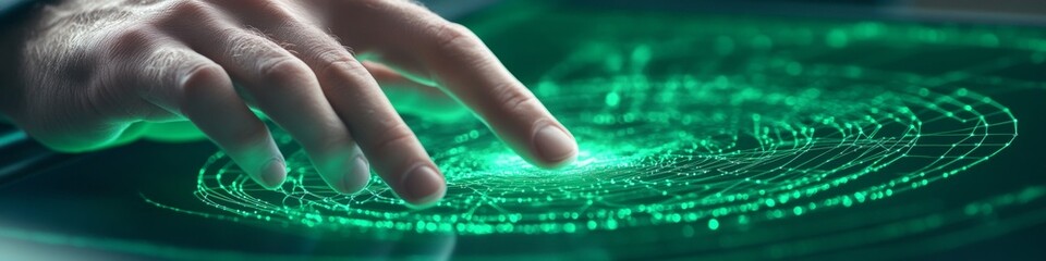 Aufkleber - Futuristic Data Interaction Hand Engaging with Holographic Particle Collision Interface - Innovative Theoretical Physics Visualization for Advanced Research Applications