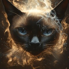 Poster - Artistic portrayal of a Siamese cat releasing smoke with meow faintly visible in the curls set against a shadowy backdrop showcasing sharp details and dramatic lighting on its fur