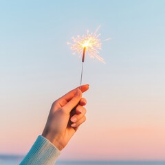 Poster - Modern Motivation Aesthetic Womans Hand Holding Firework Flare Against Evening Sky - Inspiring Business Content and Goal-Driven Marketing Imagery