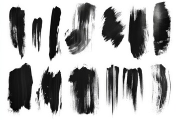 Aufkleber - Variety of black brush strokes on a white background showcasing different textures and styles for artistic expression