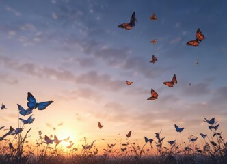 serene butterflies floating in the air against a soft blue sky at sunset, sun, natural world