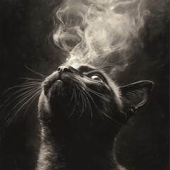Poster - Artistic portrayal of a Siamese cat releasing smoke with meow faintly visible in the curls set against a shadowy backdrop showcasing sharp details and dramatic lighting on its fur