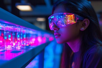 Aufkleber - Vibrant VR Lab Exploration South Asian Teen in Holographic Glasses - Engaging STEM Education and Digital Innovation for Gen Z Learning Environments