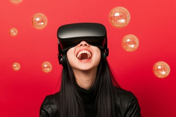 Aufkleber - Contemporary VR Experience Young Asian Woman Enjoying Virtual Reality with Holographic Elements on Vibrant Red - Digital Marketing and Tech Innovation for Entertainment Industry