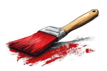 Poster - Bright red paint brush rests on a stroke of vivid color on a clean surface