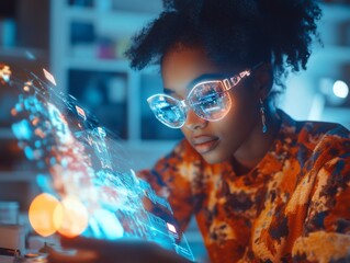 Poster - Augmented Reality Artistry Young Woman Innovates with Holographic Design Tools in Home Studio - Advanced Tech for Creative Expression and Digital Marketing Solutions