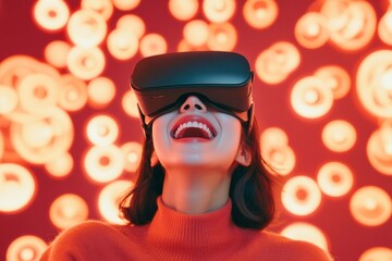 Aufkleber - illuminate tech portraits young asian woman enjoying vr in red glow - immersive experience design fo