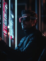 Aufkleber - Neo-Tech Workspace Young Man with Futuristic AR Glasses Engaging with Holographic Interface - Cutting-Edge Design in Modern Business Innovation and Digital Interaction