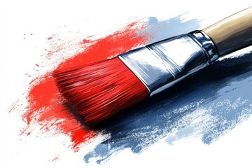 Aufkleber - Brush in vibrant red paint creating artistic strokes on a canvas surface