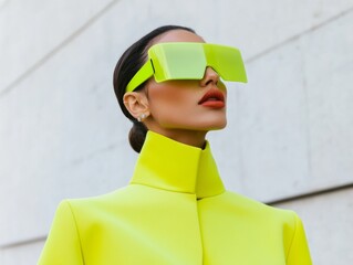 Poster - Neon Lime Futurism Confident Latina in AR Glasses and Lime Green Fashion - Tech Innovation and Futuristic Marketing in Urban Spaces for Gen Z Engagement