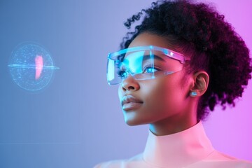 Aufkleber - Neon Holography Vision Black Female Engineer Engaging with Solar System Interface in Blue-Purple Hue Lab Futuristic Engineering and Innovative Tech Training