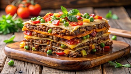 Wall Mural - Hearty Beef and Vegetable Layered Dish on a Wooden Table , layered food, wooden board