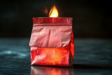 Fototapete - Red paper bag ignites with bright flame in a dark environment creating a striking visual contrast