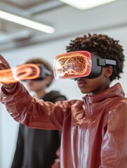 Leinwandbilder - Futuristic VR Collaboration Teens in Modern Tech Lab with Holographic Screen - Cutting-Edge Development for Interactive Design and Education Solutions