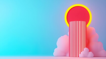 Poster - Colorful abstract scene with striped cylinder and round shapes