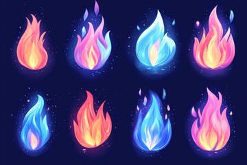 Aufkleber - Colorful flame designs showcasing vibrant blue, orange, and pink hues with a mystical background