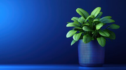 Wall Mural - Lush Green Plant in a Modern Blue Pot on a Gradient Background