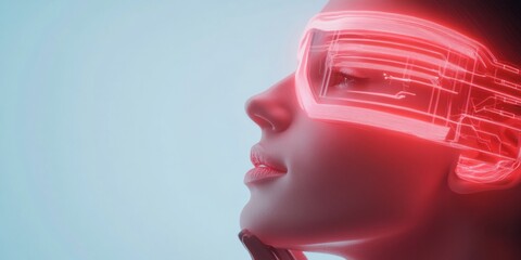 Fototapete - Futuristic Virtual Reality Interface Neon Digital Face Scan on Model with LED Elements - Advanced AI Integration for Tech Innovation and Modern Corporate Branding