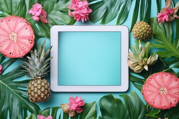 Poster - Vibrant tropical composition with fruits and flowers surrounding a blank digital tablet on a blue background
