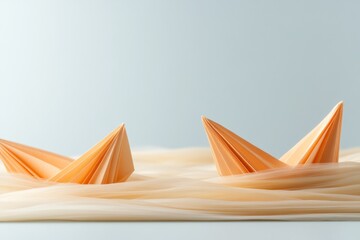 Poster - Origami Aesthetic Orange Paper Ships on Textured Waves - Creative Strategy Visualization and Innovative Solutions for Modern Business Problem-Solving