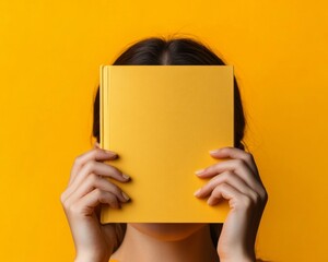 Poster - Sunlit Reading Aura Playful Pose with Yellow Hardcover - Modern Content Creation and Visual Storytelling for Vibrant Publishing Marketing