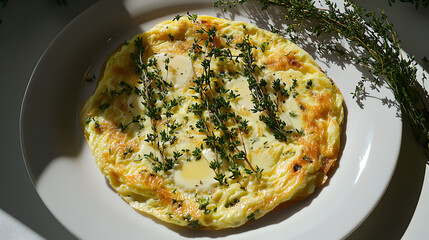 Wall Mural - A perfectly cooked omelette garnished with fresh herbs on a white plate, symbolizing a delicious and healthy breakfast.