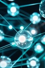 Fototapete - Tech-Forward Luminous Network Macro Glass Orbs and Neon Radiant Wires in Black Light - Futuristic Visualization for Big Data and Global Communication Dynamics