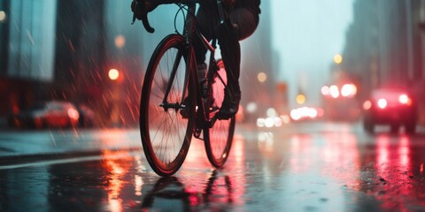 Poster - Autumn Urban Cycling Sleek Wet Street Glows with LED Lights - Sustainable City Transport Visual for Lifestyle Marketing and Mobility Solutions