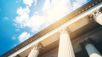 Wall Mural - Majestic courthouse exterior featuring towering marble columns, intricate architectural details, and a grand entrance, embodying the power and prestige of law and justice.
