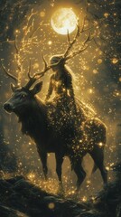 Poster - Elf in a shimmering dress of stars rides a majestic stag with large antlers under the moonlight The enchanting landscape of Rivendell glows in the background showcasing magic and detail