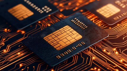 Poster - High-Tech Microchip Card on Circuit Board Background with Glow