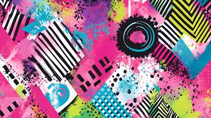 Wall Mural - Abstract Geometric Graffiti Art,  Vibrant Pink, Black, and Teal Splatter Paint Background