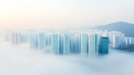 Leinwandbilder - Futuristic Skyline Aesthetics Modern Korean Urban Architecture in Fog - Innovative Design for Smart City Development and Environmental Branding